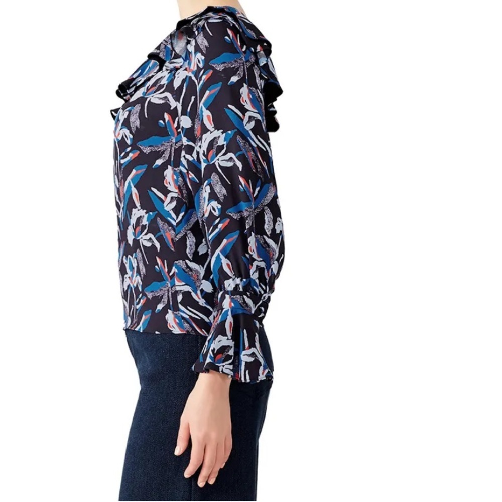 Tanya Taylor Orla Blue Black Red‎ Flora One Shoulder Silk Ruffle Top Size 12 - Picture 2 of 12